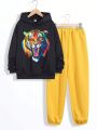 SHEIN Boys' Casual Animal Print Hooded Pullover & Solid Color Knit Pants Set