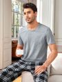 Men's Solid Color Short Sleeve T-Shirt And Plaid Pants Homewear Set