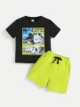 SHEIN Kids SUNSHNE Young Boys' Holiday Casual Beach Palm Tree & English Letters Print T-Shirt And Shorts Set