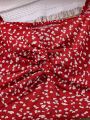 SHEIN Teenage Girls' Woven Twist Knot Puff Sleeve Floral Print Red Vacation Set
