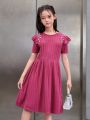 SHEIN Kids Nujoom Girl'S Pearl-Studded Flounced Sleeve Short Sleeve Dress, Casual Style