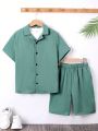 SHEIN Kids EVRYDAY Boys' Solid Color Short Sleeve Turn-down Collar Loose Fit Shirt And Shorts Set For Casual Summer, Woven
