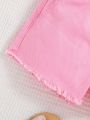 SHEIN Young Girls' Spring Summer Boho Ruffle  Dopamine Pink Jeans ShortsFrayed Hem Washed Comfortable Soft Denim Shorts