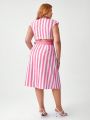 Retro Peaches Plus Size Striped Lace-Up Cropped Top And Wrapped Skirt Two Piece Set