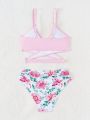 Teenagers (Female) Solid Color Top And Floral Print Bottoms Swimsuit Set