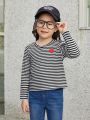 SHEIN Kids KDOMO Girls' Striped Love Heart Pattern Slim Fit Casual T-shirt With Round Neck