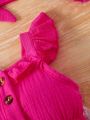 Baby Girl Ruffle Trim Double Layered Gauze Jumpsuit With Bowknot Decor & Matching Headband