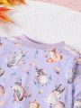SHEIN Baby Girl Cartoon Animal Print Ruffle Trim Sweatshirt