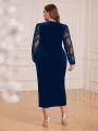 SHEIN Modely Plus Size Women'S Butterfly Print Mesh Long Sleeve Slit Dress