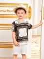 SHEIN Kids Nujoom Boy's Vintage Pattern Knitted Short Sleeve T-Shirt With Cute Round Neck