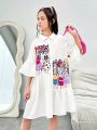 SHEIN Kids HYPEME Tween Girls' Street Style Cartoon Printed Loose Short Sleeve Shirt Dress For Spring And Summer