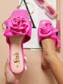 Square Toe Rose Detail Slip On Flat Sandals