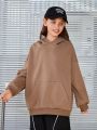 SHEIN Kids EVRYDAY Girls' Loose Fit Hooded Drop Shoulder Casual Sweatshirt With Letter Print