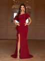 SHEIN Belle Asymmetrical Neckline Color Clash Sheer Panel Hollow Out Lace & Ruffle Decorated High Slit Hem Evening Party Dress