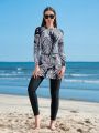 SHEIN Swim Mulvari Women's Plant Print Long Sleeve One Piece Swimsuit With Sheer Cover Up, Skirt And Long Pants Swimwear Set