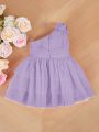SHEIN Baby Girl Butterfly Decorated One-Shoulder Sleeveless Elegant Dress, Suitable For Parties