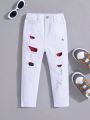 SHEIN Young Boys' Stylish Colorblock Patchwork Ripped High Stretch Skinny White Jeans For Summer