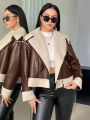 SHEIN Essnce Plus Size Women's Patchwork Turn-down Collar Jacket