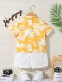 SHEIN Unisex Baby Coconut Tree Patterned Turn-Down Collar Short Sleeve Top And Solid Shorts Set