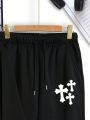 Men's Plus Size Cross Decor Hooded Drawstring Sweatshirt And Pants Set