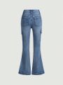 SHEIN Tween Girls' Y2k Style Streetwear Elastic Slim Fit High Waisted Flared Jeans With Multi-Pocket Design