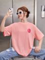 SHEIN Teen Girls' Knitted Casual T-shirt With Smiling Face Print