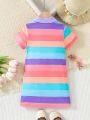 SHEIN Kids EVRYDAY Young Girl's Color-Block Half Placket Short Sleeve Dress With Buttons