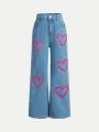 SHEIN Girls' Heart-shaped Print Casual Straight-leg Jeans