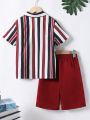 SHEIN Kids SUNSHNE Tween Boys' Striped Short Sleeve Shirt And Shorts Set With Elastic Waistband