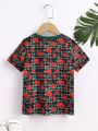 SHEIN Kids Cooltwn Boys' (Toddler) Checkered Pattern Rose Print Patchwork T-Shirt