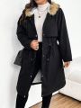 SHEIN Frenchy Plus Size Hooded Winter Coat With Waist-cinching Design And Fringed Edges