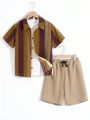 SHEIN Kids SUNSHNE Boys' Vacation Style Striped Open Front Loose Short Sleeve Woven Top And Solid Knitted Shorts Set