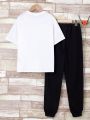 SHEIN Boys' Loose Fit Casual Round Neck Printed T-shirt And Long Pants 2pcs/set