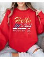 Plus Size Women'S Fleece-Lined Sweatshirt With Letter And Flag Print