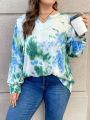 SHEIN LUNE Plus Size Sfumato V-neck Lantern Sleeve Fashion Shirt