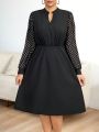 SHEIN Privé Plus Size Polka Dot Printed Contrast Color Notched-Neck Dress With Notched Neckline