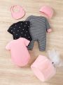 SHEIN 6pcs Newborn Baby Boys' & Girls' Printed Polka Dot & Floral Short Sleeve Gift Set For Daily Wear ,Spring & Autumn Collection