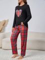 Women's Heart Pattern Round Neck T-shirt And Plaid Printed Pants Home Set, Autumn/winter