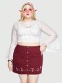 ROMWE Fairycore Plus Size Women's Solid Color Tie Strap Bell Sleeve Cropped Top