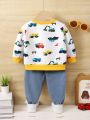 Baby Boys' Truck & Excavator Pattern Printed Top With Ripped Jeans Outfit Set