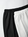 2pcs/Set Teenage Girls' Elastic Waist Flared Pants Set In Black And White