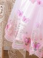 SHEIN Kids CHARMNG Young Girl's Butterfly Applique Mesh Spliced Puff Sleeve Dress