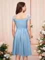 SHEIN Teen Girls' Solid Color Tulle Patchwork Elegant Dress With Embroidery