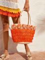 SHEIN VCAY Tassel Floral Design Shoulder Tote Bag,Straw Bag,Woven Bag,Perfect For Summer Beach Travel Vacation,For Outdoor,Holiday