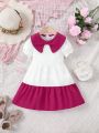 SHEIN Kids QTFun Little Girls' Woven Color Block & Pearl Beaded Trimmed Doll Collar Dress