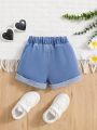 SHEIN SHEIN Baby Girl Elastic Waist Ruffle Spring Summer  Boho Trimmed Soft Washed Denim Shorts, Comfortable And Fashionable  Jeans Shorts