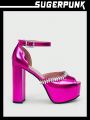 Women'S High Heel Sandals, Waterproof Platform Chunky Heel Shoes, Rose Red Sequined Rhinestone Shoes In Y2k Style And Elegant Temperament