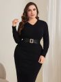 SHEIN Mulvari Plus Size Solid Color Sweater And Knitted Skirt, No Waist Belt