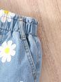 Baby Floral Print Paperbag Waist Denim Shorts