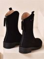 Women's Black Suede Fashionable Low Heel V Cut Zipper Closure Mid-calf Boots For Casual Occasions